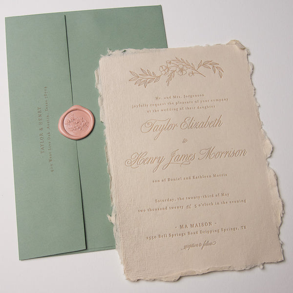 Deckled Edge Floral Accent Letterpress Invitations